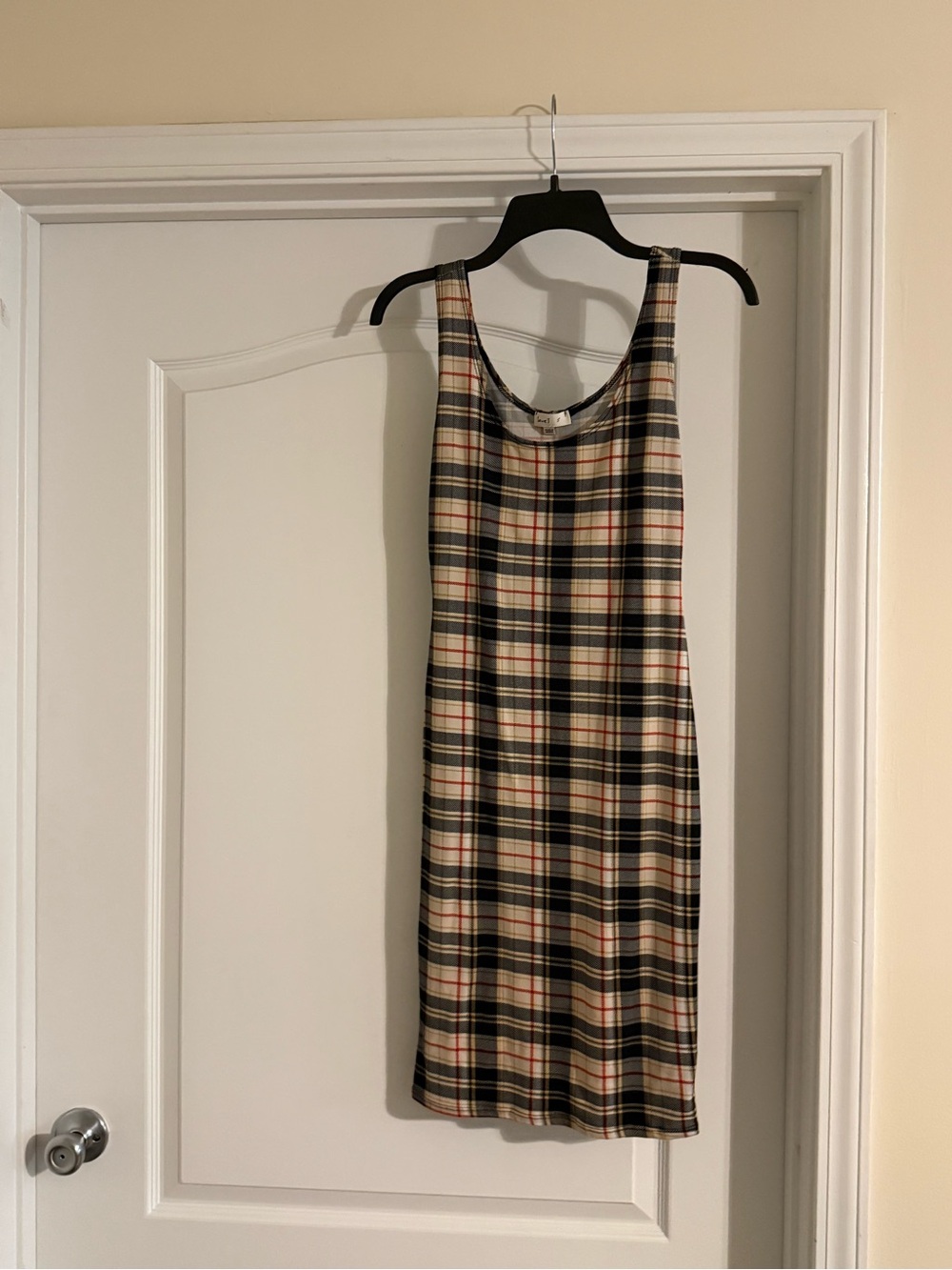 love J Plaid Tank Midi Dress in Black and Cream with Red Accents
